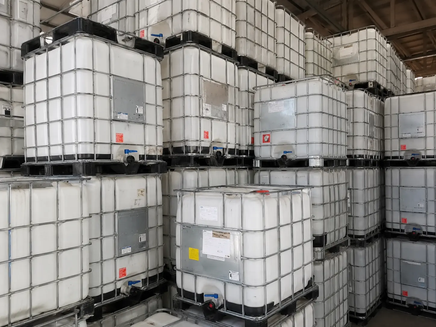 Rows of washed 275-gallon IBC totes stacked two high inside the yard, awaiting inspection