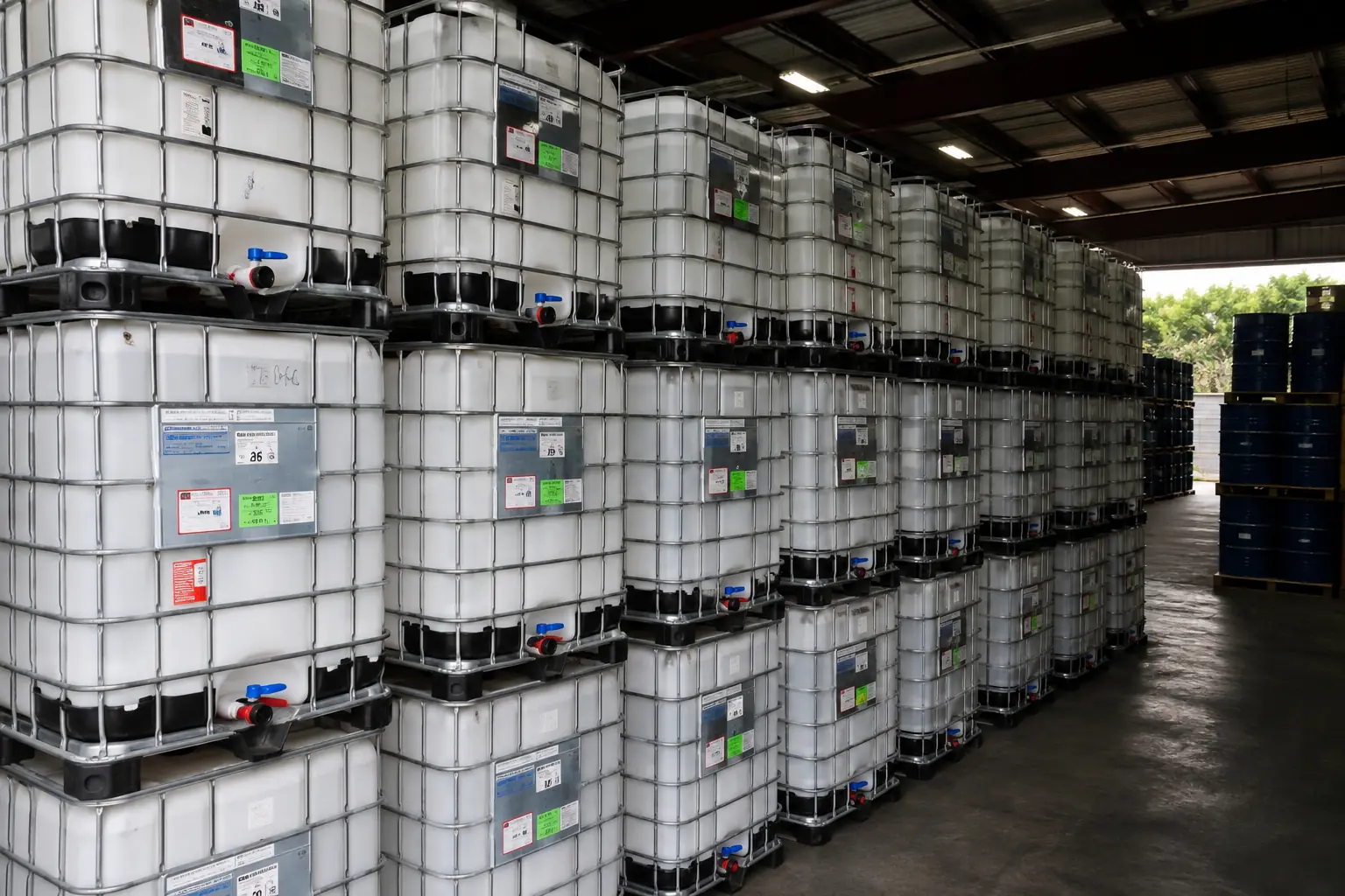 Covered yard storage with labelled IBC totes stacked two high and steel drums beyond