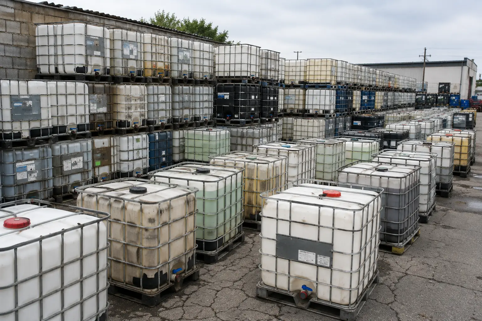 Incoming yard of mixed-condition used IBC totes in varying colours awaiting triage and grading